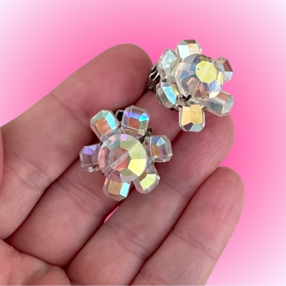 Vintage Aurora Borealis AB crystal clip earrings unusual shape Showgirl